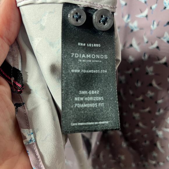 7Diamonds Shirt 4 Way Stretch Lavender Bird Print Short Sleeve Preppy Dressy S - Picture 7 of 7